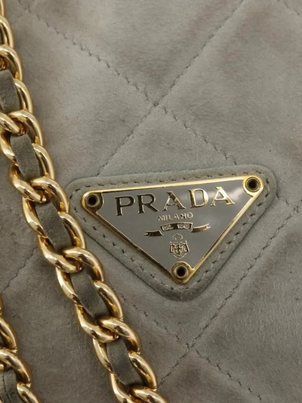 PRADA Chain Shoulder Bag Suede Gray Gold Auth